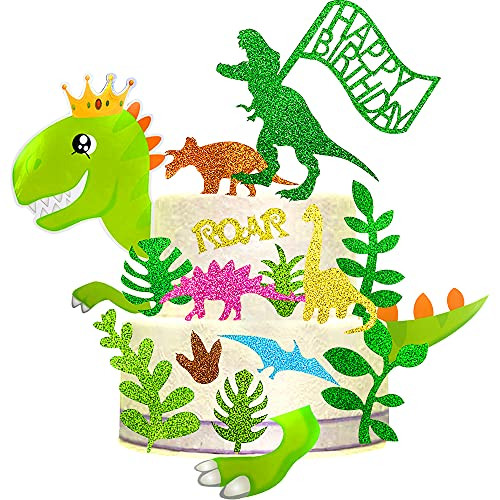 32 PCS Glitter Dinosaur Cake Toppers Tropical Palm Leaves Cake Toppers for Birthday, Baby shower, Wedding, Dinosaur Theme Party Favors Supplies