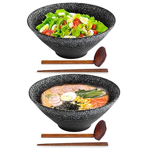 Ceramic Japanese Ramen Bowls Set of 2, Vivimee 60 oz Large Noodle Bowls, Porcelain Pho Bowls, Soup Bowls with Chopsticks and Spoons, Serving Bowl for Salad, Udon Soba Pho Asian Noodles -Black- Ceramic Japanese Ramen Bowls Set of 2, Vivimee 60 oz Large Noodle Bowls, Porcelain Pho Bowls, Soup Bowls with Chopsticks and Spoons, Serving Bowl for Salad, Udon Soba Pho Asian Noodles -Black-