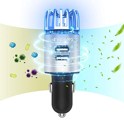 4WDKING Car Air Purifier Ionizer, 12V Plug-in Car Air Freshener Gadgets with Dual USB Charger Removes Cigarette Smoke, Pet and Food Odor, Ionic Ozone -Silver-