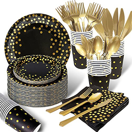 175PCS Black and Gold Party Supplies, Severs 25 Disposable Party Dinnerware, Gold Plastic Forks Knives Spoons and Golden Dot Black Plastic Plates, Black Napkins Cups for Graduation, Birthday, Wedding