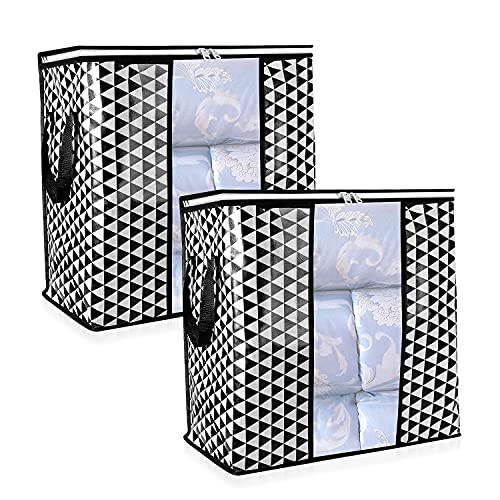 FATMOON 2 Pack Hard Material Large Clothes Storage Bag Organizer with Reinforced Handle Thick Fabric for Comforters, Blankets, Bedding, Foldable with Sturdy Zipper, Clear Window, 85L
