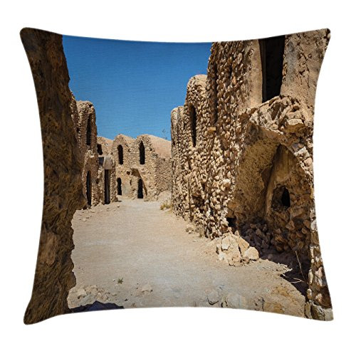 Ambesonne Galaxy Throw Pillow Cushion Cover, Abandoned Sets of The Movie in The Desert Phantom Menace Antique Cave Houses, Decorative Square Accent Pillow Case, 20" X 20", Brown Blue