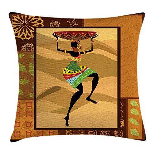 Ambesonne African Throw Pillow Cushion Cover, Pattern with Traditional Boho Elements Exotic Zulu Woman Print, Decorative Square Accent Pillow Case, 20" X 20", Ginger Brown