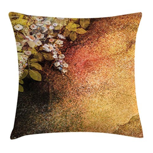 Ambesonne Flower Throw Pillow Cushion Cover, Blooming Leaves on Grunge Motley Made with Thick Strokes Vintage Inspired Print, Decorative Square Accent Pillow Case, 20" X 20", Brown Green