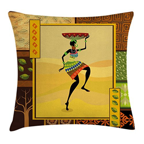 Ambesonne African Throw Pillow Cushion Cover, Girl Dancing Exotic Zulu Tribe Cultural Fashion Design, Decorative Square Accent Pillow Case, 20" X 20", Amber Brown