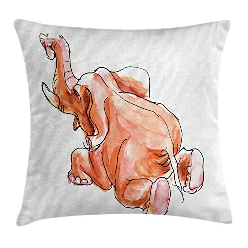 Ambesonne Animal Throw Pillow Cushion Cover, Little Baby Safari Theme Elephant Fall Down Watercolored Artwork, Decorative Square Accent Pillow Case, 20" X 20", Orange and White
