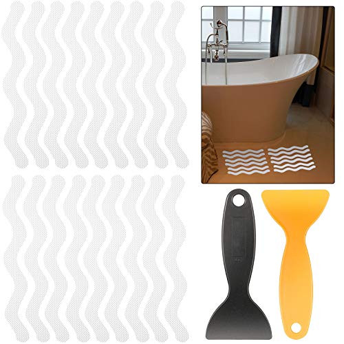 72 Pieces Non-Slip Bathtub Stickers Wave Bathtub Treads Shower Stickers Strips Bathroom Adhesive Decals Anti Slip Appliques with 2 Scrapers for Bath Tub Stairs Shower Room -White-
