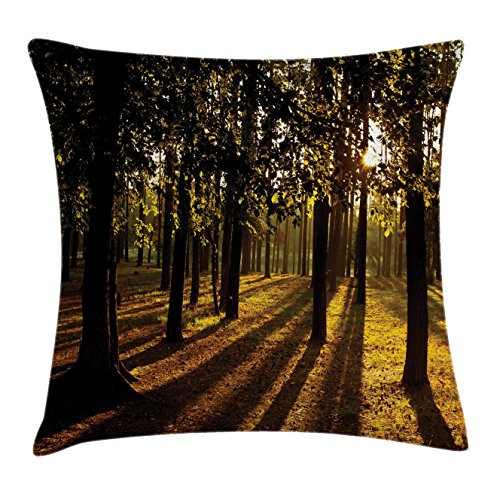 Ambesonne Forest Throw Pillow Cushion Cover, Sunbeams Lights Shine Through The Trees in Summertime Forest Countryside View, Decorative Square Accent Pillow Case, 20 X 20 Inches, Orange Brown