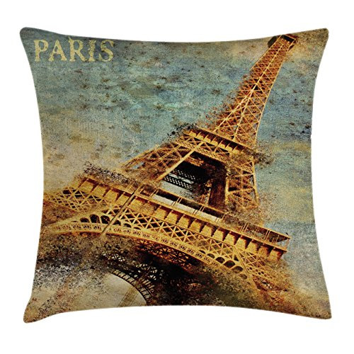 Ambesonne Eiffel Tower Throw Pillow Cushion Cover, Eiffel Tower Grunge Illustration in Classical Style Design Artwork Rustic, Decorative Square Accent Pillow Case, 20" X 20", Pale Brown