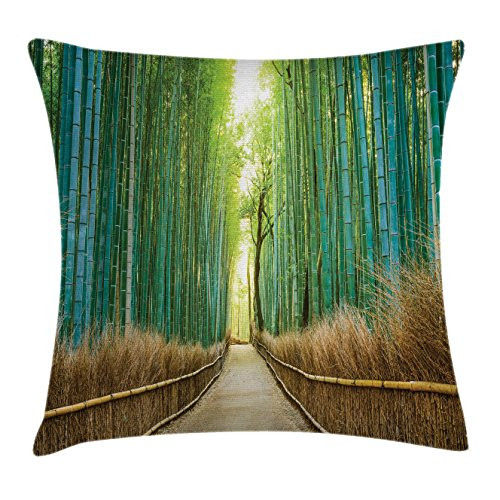Ambesonne Bamboo Forest Throw Pillow Cushion Cover, Panoramic View of Historic Landscape Nature Park in Japan, Decorative Square Accent Pillow Case, 20" X 20", Turquoise Pale Brown Green