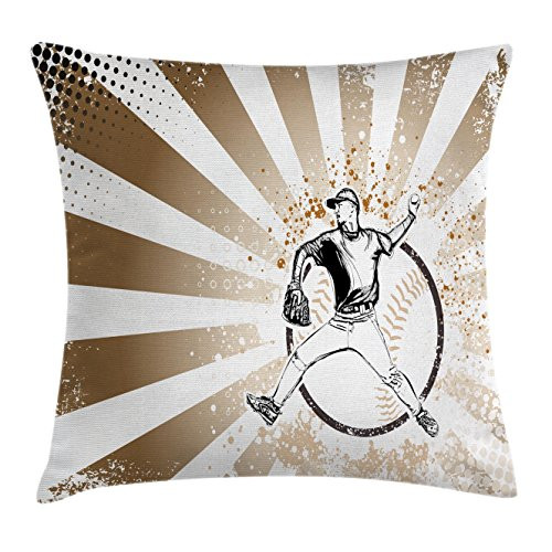 Ambesonne Baseball Throw Pillow Cushion Cover, Retro Illustration of Baseball Player on Distressed Striped Pattern Pop Art Image, Decorative Square Accent Pillow Case, 20" X 20", Brown White