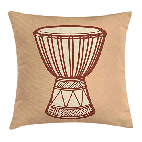 Lunarable Drum Throw Pillow Cushion Cover, Indigenous Djembe Exotic Native Percussion Rhythm Culture, Decorative Square Accent Pillow Case, 20" X 20", Sand Brown Beige Brown