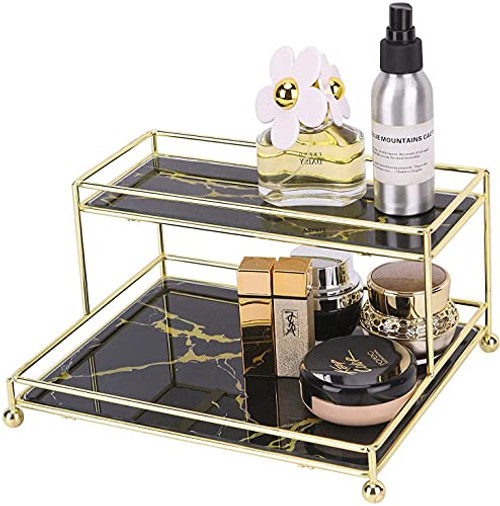 Z PLINRISE Makeup Organizer, 2-Tier Glass Vanity Tray for Perfume, Makeup and Toiletries, Wire Bathroom Cosmetic Shelf for Dresser, Countertop and More Z PLINRISE Makeup Organizer, 2-Tier Glass Vanity Tray for Perfume, Makeup and Toiletries, Wire Bathroom Cosmetic Shelf for Dresser, Countertop and More