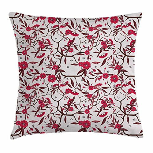 Ambesonne Vintage Throw Pillow Cushion Cover, Floral Blooming Branches with Fresh Flowers Spring Garden Stars, Decorative Square Accent Pillow Case, 20" X 20", Dark Brown and Dark Coral