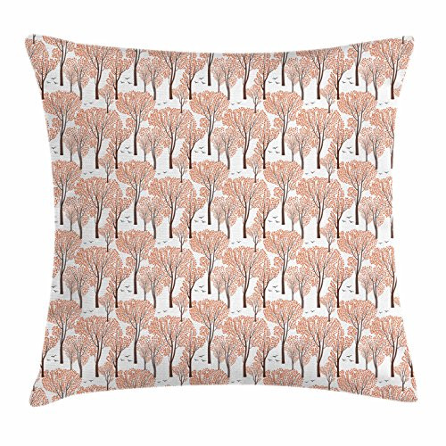 Ambesonne Autumn Throw Pillow Cushion Cover, Fall Nature Woodland Pattern Trees with Orange Leaves and Forest Birds, Decorative Square Accent Pillow Case, 20" X 20", Umber Taupe Dark Orange