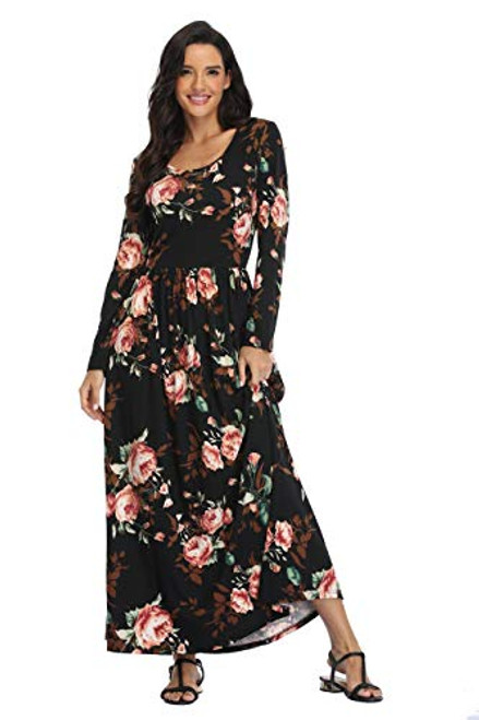 VintageClothing Women's Soft Maxi Dress Long Sleeve with Pockets Floral Plain Casual Maxi Loose Dresses, L