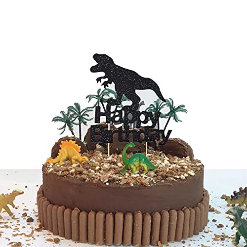 Black Glitter Dinosaur Happy Birthday Cake Topper, Dinosaur Cake Decorations for Baby Shower, Jurassic Jungle Theme Birthday Party Supplies