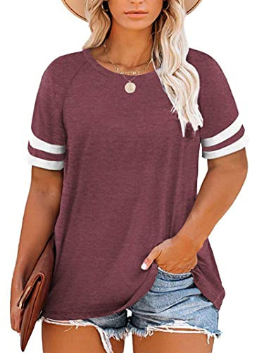 PLOKNRD Women's Plus Size Blouses Raglan Striped T-Shirts Short Sleeve Top Wine Red