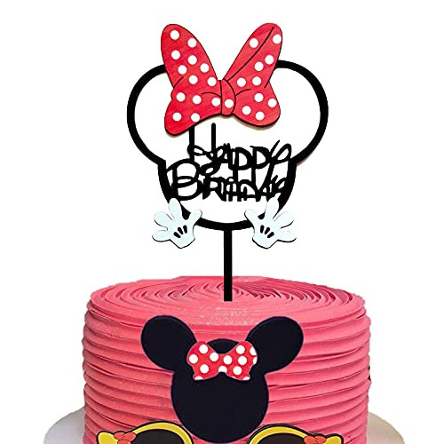 Acrylic Minnie Happy Birthday Cake Topper with Red Bow Mouse First Two Three Four Five Six Birthday Minnie Themed Kids Girls Birthday Party Supplies Decoration