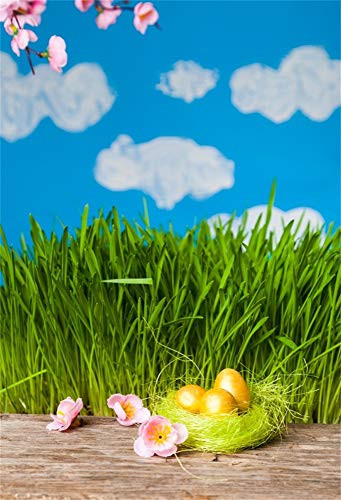 Baocicco 5x7ft Happy Easter Backdrops Golden Easter Eggs Photography Background Green Grassland Sakura Branch Wood Floor Blue Sky Backdrop Kids Adults Portraits Photo Booth Video Studio Props