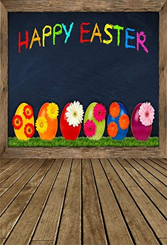 Baocicco 5x7ft Colorful Happy Easter Photography Backdrops Green Grass Wood Floor Photo Backgrounds Colorful Eggs Photo Studio Video Portraits Black Board Backdrops Photo Booth