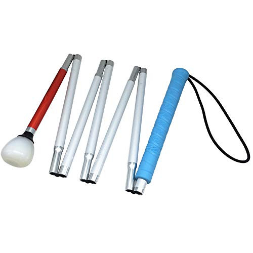 7-Section Aluminum Blind Cane,Reflective White and Red, Folding Walking Stick for Blind People -Blue Handle, 155cm -61inch--