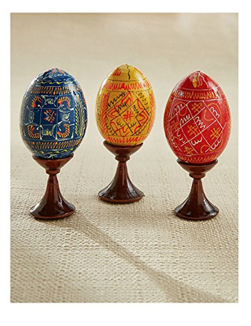 Religious Gifts Set of 3 Ukrainian Wooden Hand Painted Easter Pysanky Eggs on Egg Stands 3 1/2 Inch Religious Gifts Set of 3 Ukrainian Wooden Hand Painted Easter Pysanky Eggs on Egg Stands 3 1/2 Inch
