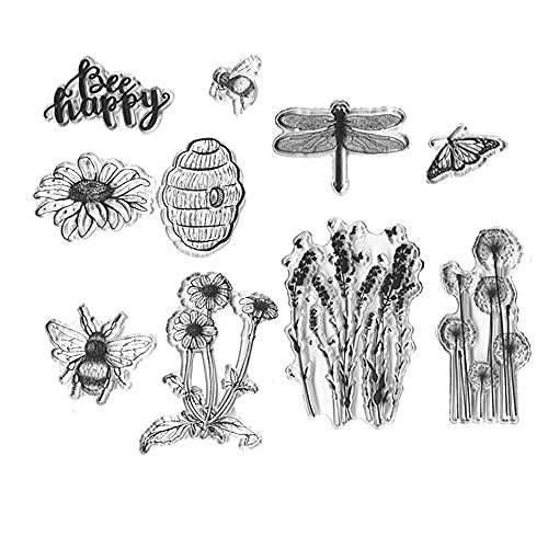 Bee Happy Nest Dragonfly Clear Stamp Silicone Stamp Cards with Sentiments, Flowers, Butterfly ,Greeting Words Pattern for Holiday Card Making Decoration and DIY Scrapbooking Album DIY Crafts