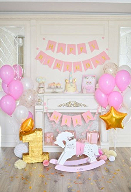 Leowefowa 5X7FT Girl's 1st Birthday Backdrop Cake Smash Backdrops for Photography Banner Paper Flowers Fireplace Balloons Wood Floor Vinyl Photo Background Princess Party Decoration Studio Props