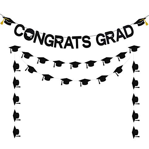 Black Congrats Grad Banner and Graduation Cap Banner for Graduation Decorations 2021, Congrats Grad Sign for 2021 Graduation Decorations, Graduation Banner for Graduation Party Supplies 2021