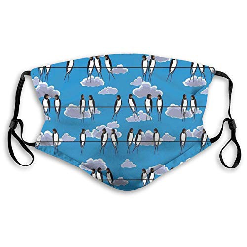 Comfortable Windproof Activated Carbon mask Facial for Unisex-M,Swallows Perched On A Wire Against Blue Sky With Fluffy Clouds Illustration