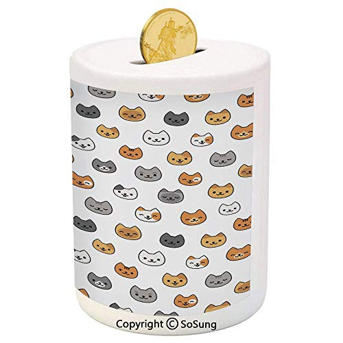 Nursery Ceramic Piggy Bank,Happy Funny Kittens in Smiling Animals Cute Eyes Decorative 3D Printed Ceramic Coin Bank Money Box for Kids  and  Adults,Grey Pale Brown Pale Orange Nursery Ceramic Piggy Bank,Happy Funny Kittens in Smiling Animals Cute Eyes Decorative 3D Printed Ceramic Coin Bank Money Box for Kids  and  Adults,Grey Pale Brown Pale Orange