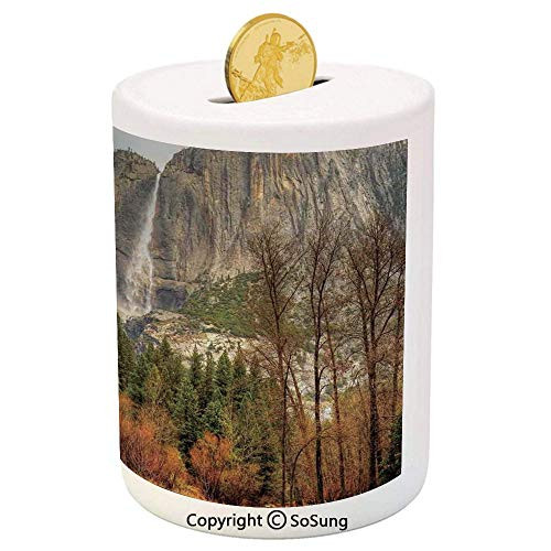 SoSung Yosemite Ceramic Piggy Bank,Yosemite Falls Trees Mountain Cliff Autumn National Park California Nature Print 3D Printed Ceramic Coin Bank Money Box for Kids  and  Adults,Orange Green