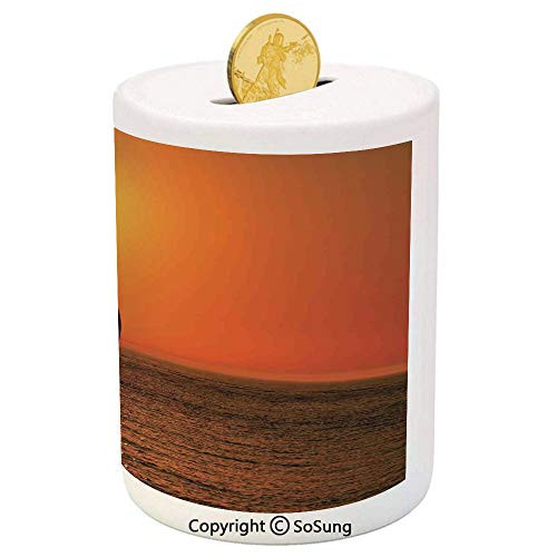 Sailboat Nautical Decor Ceramic Piggy Bank,Small Yacht Sailboat on Lake Michigan at Sunset Nautical Serenity Maritime Culture 3D Printed Ceramic Coin Bank Money Box for Kids  and  Adults,Orange