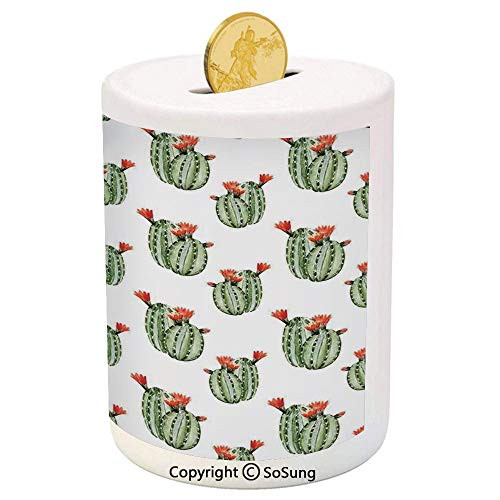 Cactus Decor Ceramic Piggy Bank,Cactus with Spikes and Red Flowers Mexican Hot Desert Vintage Image Art 3D Printed Ceramic Coin Bank Money Box for Kids and Adults,Green and Orange Cactus Decor Ceramic Piggy Bank,Cactus with Spikes and Red Flowers Mexican Hot Desert Vintage Image Art 3D Printed Ceramic Coin Bank Money Box for Kids and Adults,Green and Orange