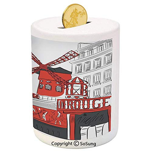 SoSung Paris Ceramic Piggy Bank,Sketch Art of Urban Landscape with Cabaret Moulin Rouge in Paris Modern City Decorative 3D Printed Ceramic Coin Bank Money Box for Kids and Adults,Orange Grey White SoSung Paris Ceramic Piggy Bank,Sketch Art of Urban Landscape with Cabaret Moulin Rouge in Paris Modern City Decorative 3D Printed Ceramic Coin Bank Money Box for Kids and Adults,Orange Grey White