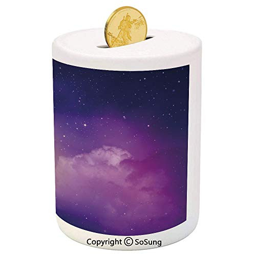 Night Sky Ceramic Piggy Bank,Stars Nebula Milky Way with Starry Outer Space Theme Design Image 3D Printed Ceramic Coin Bank Money Box for Kids  and  Adults,Pink Orange and Dark Blue