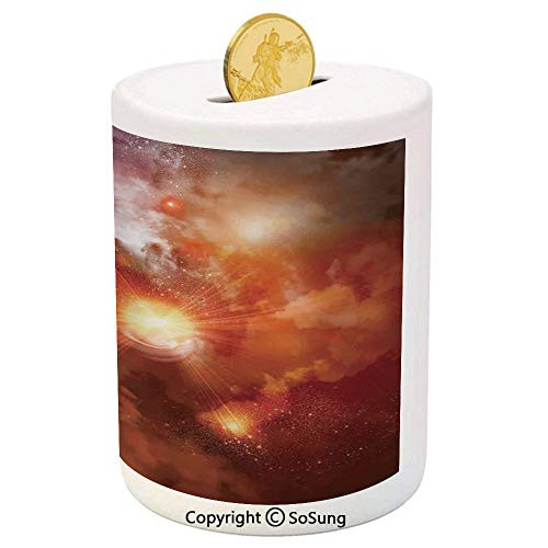 SoSung Space Decorations Ceramic Piggy Bank,Cosmic Clouds of Mist on Colorful Gas Background in Space Celestial World 3D Printed Ceramic Coin Bank Money Box for Kids  and  Adults,Orange Yellow
