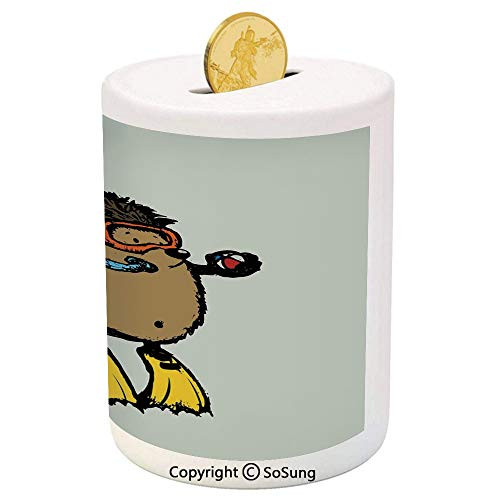 SoSung Animal Ceramic Piggy Bank,Cartoon Scuba Diver Hedgehog Cute Illustration for Kids Funny Sea Life 3D Printed Ceramic Coin Bank Money Box for Kids  and  Adults,Baby Blue Yellow Brown