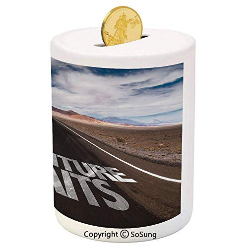 SoSung Adventure Ceramic Piggy Bank,Adventure Awaits Written on The Asphalt with Clouds and Sky Road Trip Theme Decorative 3D Printed Ceramic Coin Bank Money Box for Kids  and  Adults,Brown Blue White