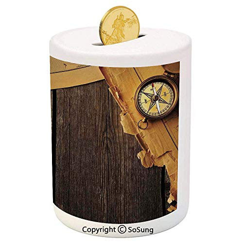 SoSung Compass Decor Ceramic Piggy Bank,Antique Brass Compass and Rope Over Old Map on Wooden Timber Table Illustration 3D Printed Ceramic Coin Bank Money Box for Kids  and  Adults,Brown Gold