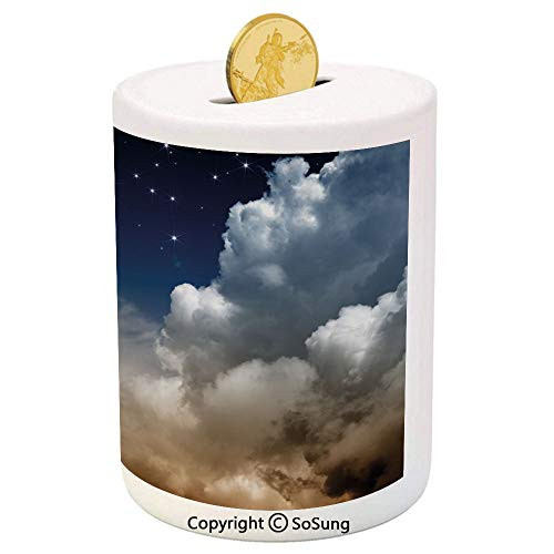Night Sky Ceramic Piggy Bank,Desert Clouds with Starry Nocturnal Sky Galaxy Nebula Stars Image Decorative 3D Printed Ceramic Coin Bank Money Box for Kids  and  Adults,White Brown and Dark Blue