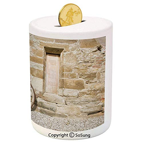 SoSung Barn Wood Wagon Wheel Ceramic Piggy Bank,Ancient Rural Facade with Old Wheel Traditional Country House Decorative 3D Printed Ceramic Coin Bank Money Box for Kids  and  Adults,Brown Light Brown