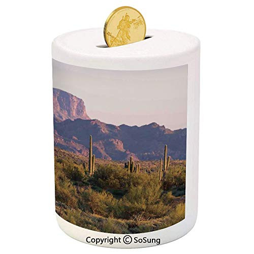 Saguaro Cactus Decor Ceramic Piggy Bank,Ariozona Desert Landscape with Cactus and Mountain in Spring Evening Picture 3D Printed Ceramic Coin Bank Money Box for Kids and Adults,Brown Green Saguaro Cactus Decor Ceramic Piggy Bank,Ariozona Desert Landscape with Cactus and Mountain in Spring Evening Picture 3D Printed Ceramic Coin Bank Money Box for Kids and Adults,Brown Green
