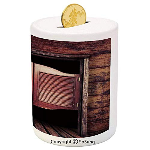 Western Ceramic Piggy Bank,Old Rustic Wooden Door and Wild West Cowboy Antique Bar Saloon Door Picture 3D Printed Ceramic Coin Bank Money Box for Kids  and  Adults,Maroon and Brown
