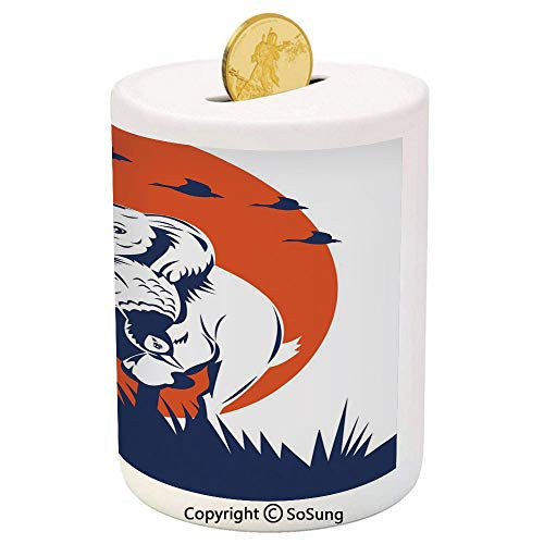 Hunting Decor Ceramic Piggy Bank,Cocker Spaniel Dog Retrieving Pheasant Flying Ducks at Sunset 3D Printed Ceramic Coin Bank Money Box for Kids  and  Adults,Dark Blue Orange White