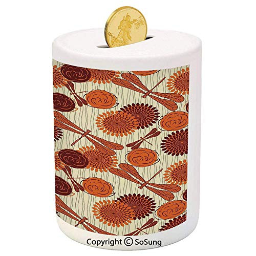 SoSung Dragonfly Ceramic Piggy Bank,Modern Retro Vintage Design Flowers and Bird Like Bugs Art Print 3D Printed Ceramic Coin Bank Money Box for Kids  and  Adults,Orange and Cinnamon White
