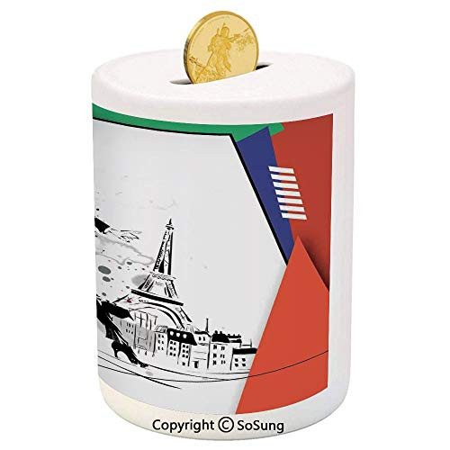Fashion House Decor Ceramic Piggy Bank,A Girl Walking in Streets of Paris Sketch Style Romantic Eiffel Tower Image 3D Printed Ceramic Coin Bank Money Box for Kids  and  Adults,Orange