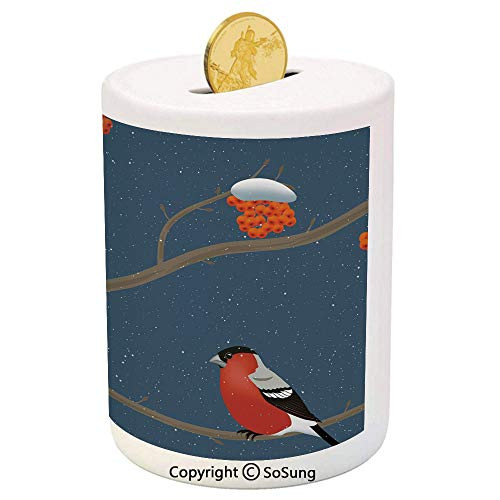 SoSung Rowan Ceramic Piggy Bank,Winter Pattern with Snowy Tree Branches Orange Berries and Bullfinch Birds Decorative 3D Printed Ceramic Coin Bank Money Box for Kids  and  Adults,Dark Blue Orange Red