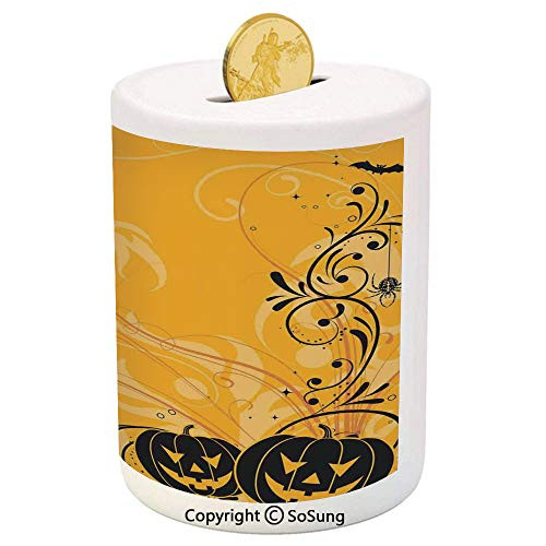 SoSung Halloween Decorations Ceramic Piggy Bank,Carved Pumpkins with Floral Patterns Bats and Webs Horror Artwork 3D Printed Ceramic Coin Bank Money Box for Kids  and  Adults,Orange Black